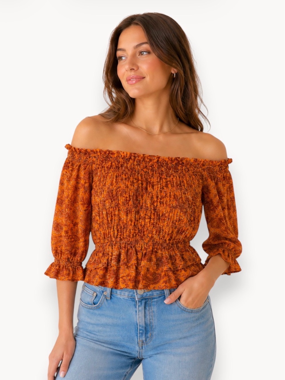 Patrons of Peace Off-Shoulder Smocked Peplum Top in Rust Paisley